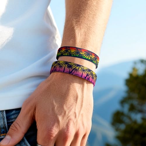 4 Pcs Surfer Beach Bracelets for Men Women Inspirational Elastic Comfy Summer Reversible Wristband Gifts Friendship Bracelets - color: Sunset Coconut Trees-Bracelets, size: (6.8") Small