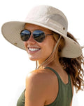 FURTALK Womens Sun Hat with Ponytail Hole Beach Hiking Summer Wide Brim UPF 50+ Outdoor Protection Foldable Bucket Hat - color: Beige