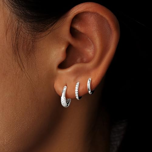Poxtex Small Sterling Silver Huggie Hoop Earrings Set for Women, Hypoallergenic 14K Gold Plated Hoops Stacks for Multiple Piercings, Dainty Cute Mini Lightweight Cartilage Studs Trendy Jewelry Gift - color: Silver-Chunky CZ