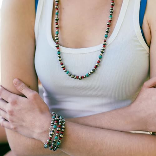 4 PCS Western Turquoise Jewelry for Women Boho Vintage Navajo Pearl Necklace Earring Bracelet Ring Set Country Cowgirl Accessories for Gift - color: D-Blue（No Ring）