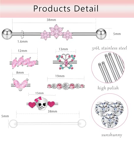 Suotarn 14G Industrial Piercing Jewelry For Women Men Stainless Steel 38 Industrial Barbell Long Cartilage Helix Conch Earrings Stud 14G Gauges Industrial Jewelry Butterfly Heart Cool 7-18pcs - color: pink