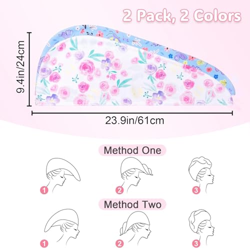 Basumee Microfiber Hair Towel Wrap for Kids 2 Pack Rapid Drying Hair Towel with Button Hair Turbans for Wet Hair Wraps Head Towel Wrap for Women and Girls, Flower - color: Flower and Butterfly
