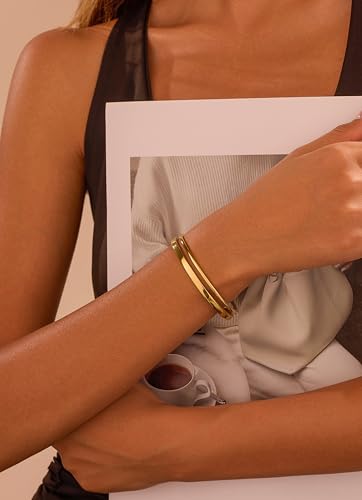 BE & CHEERY Gold Bangle Bracelet for Women, 14k Gold Plated Open Bangle, Stackable Stainless Steel Cuff Bracelets, Chunky Fashion Jewelry for Women, Trendy Elegant Design Bangle as Gifts - style: Long cut out
