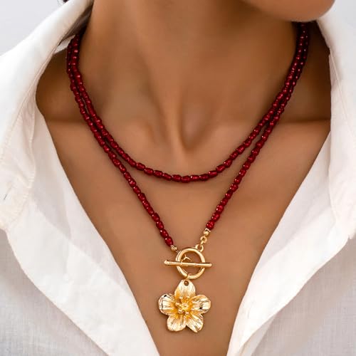 Red Beaded Necklace for Women Choker Gold Toggle Clasp Layered Stack Dainty Statement Western Boho Trendy Summer Vacation Necklaces Birthday Jewelry Gifts - color: B1:Red Beaded Necklace