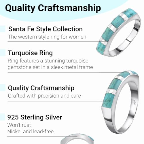 SHOP LC DELIVERING JOY Santa Fe Style Turquoise Ring for Women 925 Sterling Silver Band Boho Western Jewelry for Women Promise Rings Size 7 Birthday Christmas Gifts