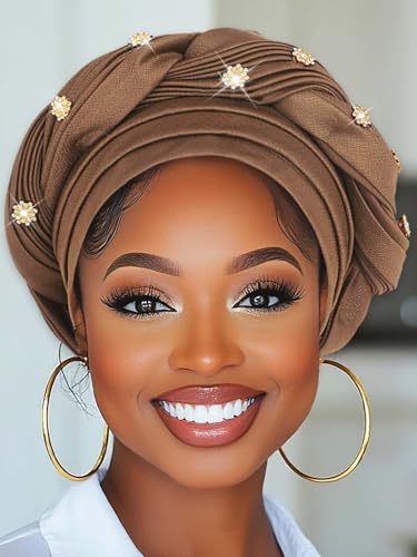 Woeoe Women African Turban Pre-Tied Twisted Beanie Cap Headwear Rhinestone Soft Stretchy Head Turbans - color: Brown