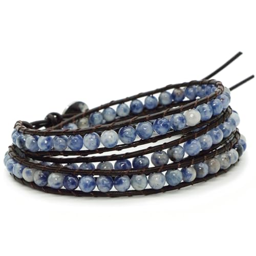 3 Wrap Genuine Leather Bracelet Gemstone Bead - color: Planet Blue