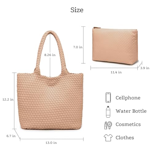 Woven Tote Bag for women,Vegan Leather Woven Satchel Handbag,Shoulder bag with Pouch,Hobo bag fits13-14” laptops - color: Apricot