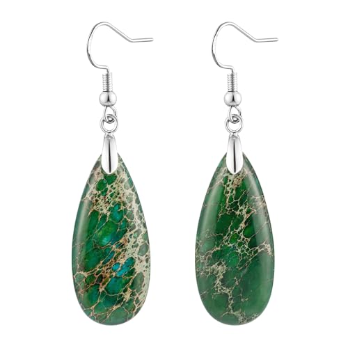 Stone Drop Earrings for Women Earrings Teardrop Jasper Stone Dangle Earrings - color: Green-Silvery Hook