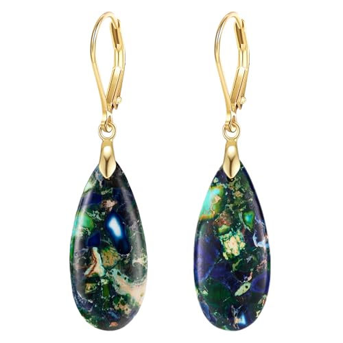 XGALBLA Boho Long Teardrop Stone Dangle Drop Earrings for Women Natural Healing Stone Leverback Earrings Statement Gold Tone - color: Blue&Green- Golden Leverback