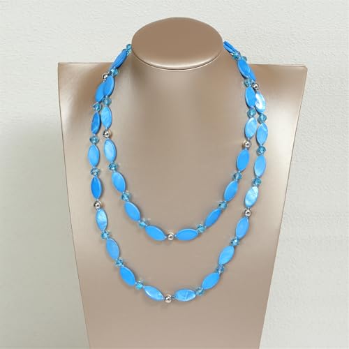 Long 48" Beaded Necklace for Women Boho Knot Strand Chunky Shell Crystal Beads Fashion Costume Jewelry for Gifts - color: Light Blue