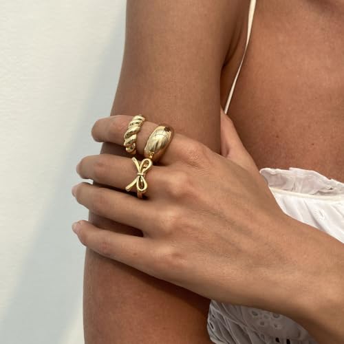 Chunky Gold Rings for Women Non Tarnish Silver Chunky Rings Set Adjustable Thick Statement Ring Gold Stackable Ring for Women Trendy Fashion Silver Jewelry - style: Style7-Gold Bow