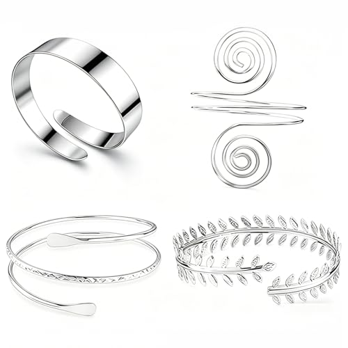 2Pcs Minimalist Simple Swirl Upper Arm Cuff Bracelets for Women Arm Bangle Armlets Adjustable - color: silver