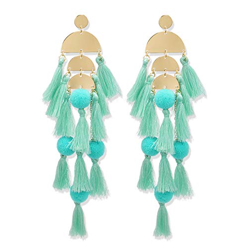 Long Tassel Earrings for Women Colorful Fringe Drop Dangle Earrings Bohemian Hawaiian Summer Beach Jewelry for Womens Vacation Outfits - color: Turquoise