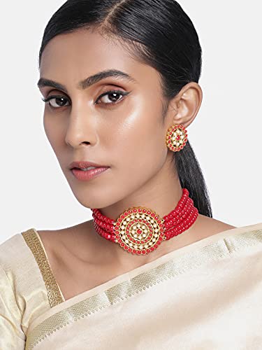 Aheli Pearl Diamond Choker Necklace & Round Earrings Gift for Women Indian Traditional Bollywood Fashion Bharatanatyam jewellery set - color: Red