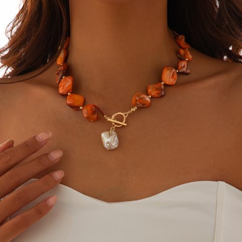 Boho Chunky Shell Necklace for Women Baroque Pearl Pendant Necklaces Irregular Shell Beaded Choker Necklace Trendy Vacation Jewelry Accessories - color: Brown