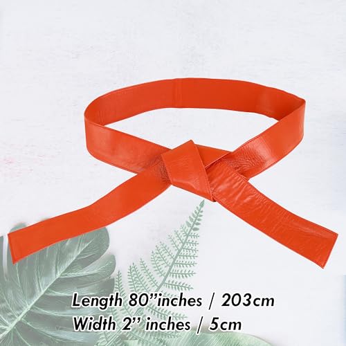 Woman's Obi Sash Tie Plus Size Waist Band Wide Solid Color Genuine Leather Belt - color: Red