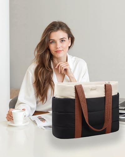 LOVEVOOK Tote Bag for Women, Large Puffer Work Tote Laptop Bag, Lightweight Travel Tote Bag with Zipper Gifts for Women - color: Black-white-brown-a, size: 15.6 Inch