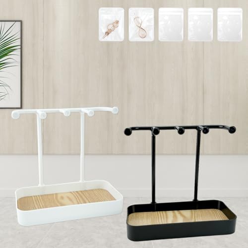 Jewelry Organizer Stand, Necklace Holder with Wooden Tray 5 Storage Hooks, Earring Holder with 5 Pcs Jewelry Bags for Bracelet,Chains,Rings,Earrings,Keys Watches,Necklaces (White) - color: White