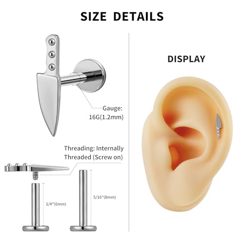 FINE4U 1PC ASTM F136 Titanium Internally Threaded Piercing Jewelry Stud 16G 6mm 8mm for Helix, Tragus, Conch, Flat - color: Knife - Tit