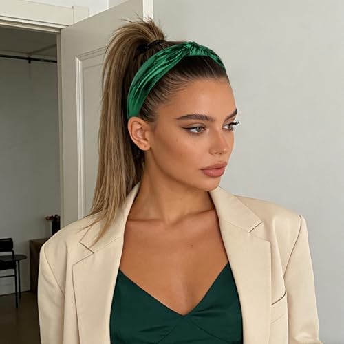 YISSION Metallic Green Knotted Headband for Women, Wide Twist Shiny Fabric Hairband, Fashion Hair Accessory for Everyday Wear, Parties, and Travel - color: Green