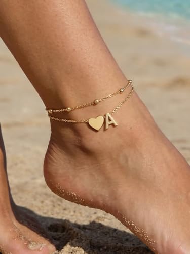 Silvora Ankle Bracelets for Women Waterproof 14K Gold/Silver/Black Initial Anklet for Women Dainty Layered Heart Ankle Bracelets Stainless Steel Adjustable Foot Chain Anklet Summer Beach Jewelry - color: A-Gold