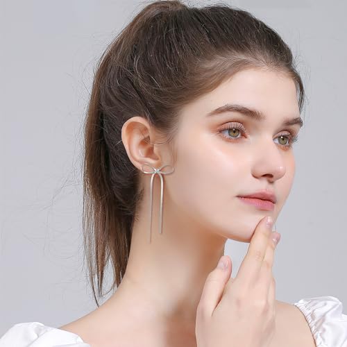 Gold Silver Bow Drop Earrings for Women Long Tassel Chain Bow Earrings Ribbon Bowknot Dangle Earrings Jewelry Gifts - color: Silver Bow A