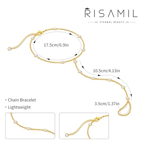 Risamil 14K Gold Plated Hand Chain Bracelets for Women Trendy, Dainty 2PCS Ring Bracelet Hand Chain Finger Bracelets Layered Stackable Link Bracelets for Women Jewelry Gifts for Women - color: CZ-Gold