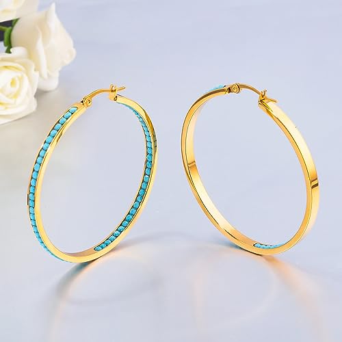 CiNily Mult-colors Crystal Stainless Steel Hoop Earring for Women Hypoallergenic Jewelry for Sensitive Ears Large Big Hoop Earrings 2" - color: Gold-Turquoise