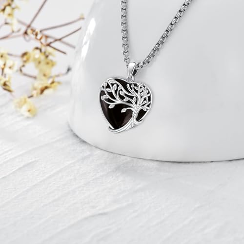 Turquoise/Amethyst/Moonstone/Black Onyx Tree of Life Necklace for Women Hummingbird Necklaces White Gold Plated Copper Jewelry - style: A-Tree of Life -Black Onyx