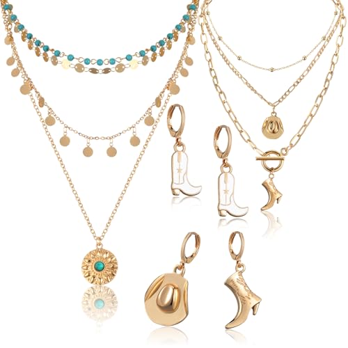 Ferreve 6 Pcs Western Cowgirl Necklace Earring Jewelry Set for Women, Western Cowgirl Layered Chain Necklace Boot Hat Pendant Earring - color: golden, style: Golden, Stylish Style