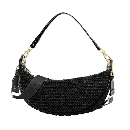 Straw Crossbody Bags for Women Crescent Woven Shoulder Handbag Summer Beach Hobo Purses with Adjustable Strap - color: Black
