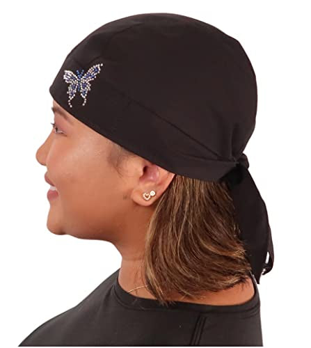 Sparkling EARTH - American Made Skull Caps Doo Rags Do Rag Durag Headwrap Head Wraps Skullies - Made in The USA! - color: Sm. Blue & Silver Butterfly Rhinestud/Stone Design