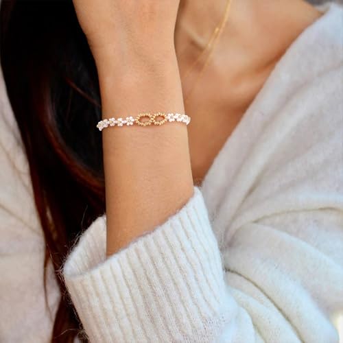 Dainty Gold Plated Pearl Crystal Beaded Bracelets Set for Women 14K Gold Plated Bead Pearl Beads Bracelet Stackable Paperclip Link Chain Bracelets Gold Plated Bracelets for Women Trendy Jewelry - color: Style3-daisy bracelet-1
