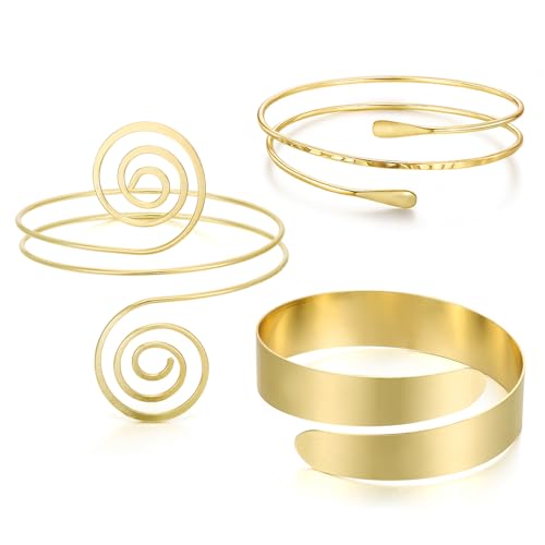 YVVLEE 3Pcs Arm Cuff for Women Open Upper Coil Bangle Bracelets Armlet Gold Silver Adjustable Armband Arm Bracelet Set - color: B