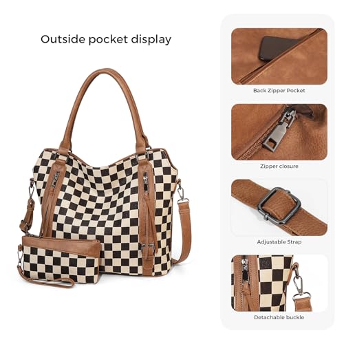 Women's PU Leather Checkered Shoulder Bag with Wallet Set, Large Capacity Tote Crossbody Bag for Daily Use Travel Work