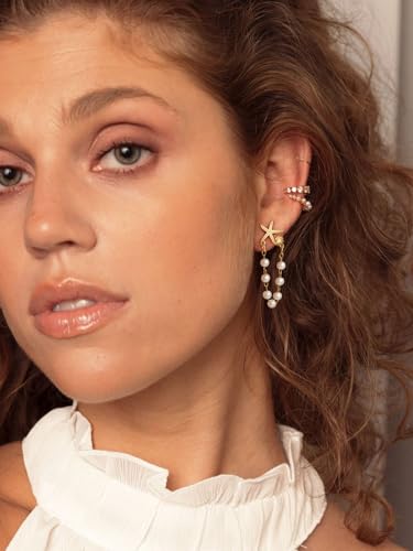 Freekiss Gold Chain Studs Earrings for Women Trendy: Hypoallergenic 14K Gold Plated Dangle Earrings Dainty Small Long Chain Earring Set Fashion Gold Jewelry for Women - style: Starfish chain earrings-GD