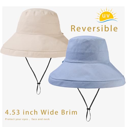 vidsel Womens Sun Hats Wide Brim Reversible Bucket Cotton Hat Packable Summer Travel Cap with Hat Clip,UV Protection - color: Medium-beige+blue, size: Medium