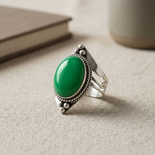 Handmade 925 Sterling Silver Plated Ring Natural Gemstone Carnelian, Rose Quartz, Tiger Eye, Crystal Oval Boho Jewelry For Women - color: Green Onyx