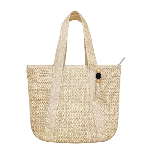 Large Straw Beach Tote Bags For Women Woven Boho Handmade Shoulder Handbags for Summer Vacation Travel with Tassels - color: Beige