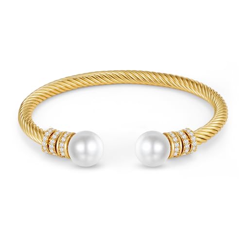 WOWORAMA Twisted Cable Wire Cuff Bracelets for Women Two Tone Gold Silver Cuff Bracelet Unisex Mixed Metal Bangle Bracelets Jewelry - color: Gold Pearl