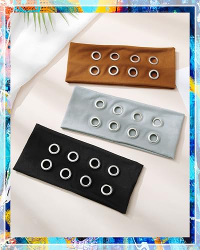 AWAYTR Women Hollow Out Eyelet Elastic Headband Y2K Wide Grommet Hairband Punk Grunge Wide Band for Girls (Black/Coffee/Gray, One size) - color: Black/Coffee/Gray