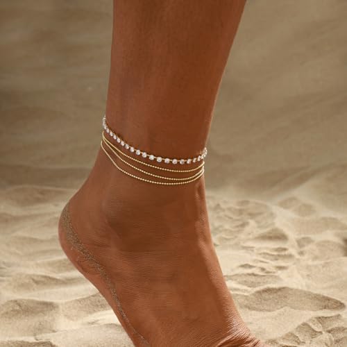 2/3 PCS Gold Anklets for Women Waterproof Cuban Link Anklet Beaded Bracelets Stackable Bracelets 14K Gold Plated Custom Jewelry Gifts Non Tarnish Lightweight - style: Gold Anklet 10