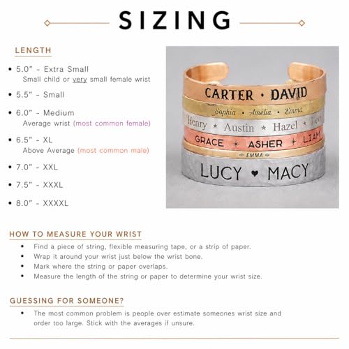 Personalized Cuff Bracelet 5"-8" long in Sterling Silver, Aluminum, Bronze, Nickel, Gold, or Copper, 5-8" Long
