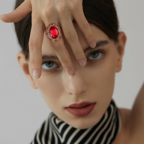 HZMAN Crystal Ring for Women Retro Antique Rhinestone Ring Cubic Zirconia Gold Plated Turkish Ring Jewelry Gift - color: Red-Oval