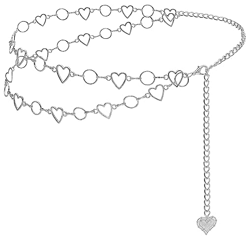 Long Tassel Waist Chain Belt for Women, Adjustable Metal Body Belly Belt Chain for Dress - color: Silver Double Heart, size: M: (Fit Waist 43.3in)