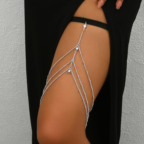 Gold Pearl Thigh Chain Layered Sexy Leg Wrap Garter Belt Boho Beach Body Chain Jewelry Bikini Thigh Accessory for Women - color: Silver