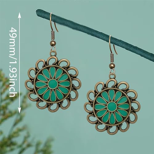 Bohemian Lightweight Vintage Copper Enamel Flower Hollow Dangle Drop Earrings Handmade Retro Circle Floral Hook Earrings For WomenJewelry Gifts - color: Green