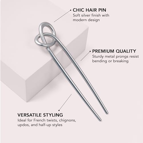 The Hair Edit Knotted Chignon French Hair Pin, Elegant Soft Silver Metal Hair Accessory for Buns, French Twists & Updos, Lightweight Pin for Effortless Everyday Style, Hair Pin for All Hair Types - color: Silver
