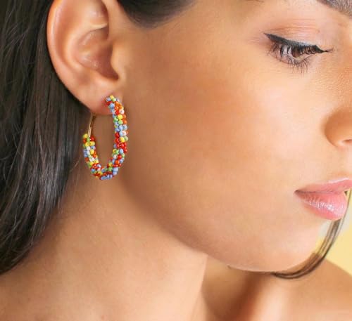 Jinxiuge 6 Pair Beaded Hoop Earrings Boho Flower Round Earrings Women's Handmade Earrings Set - style: Style-D